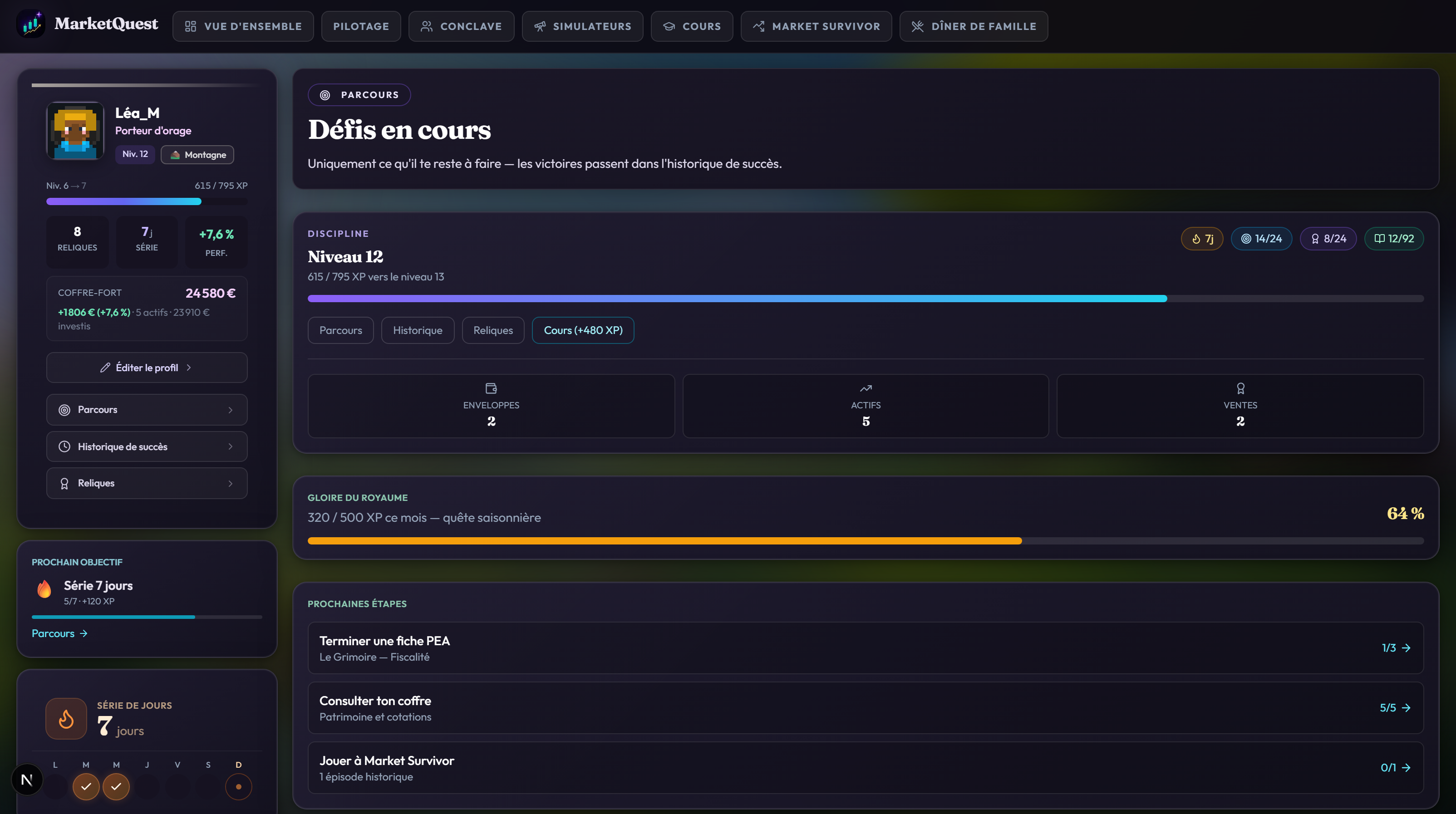 Capture de l'écran Parcours & Reliques dans MarketQuest